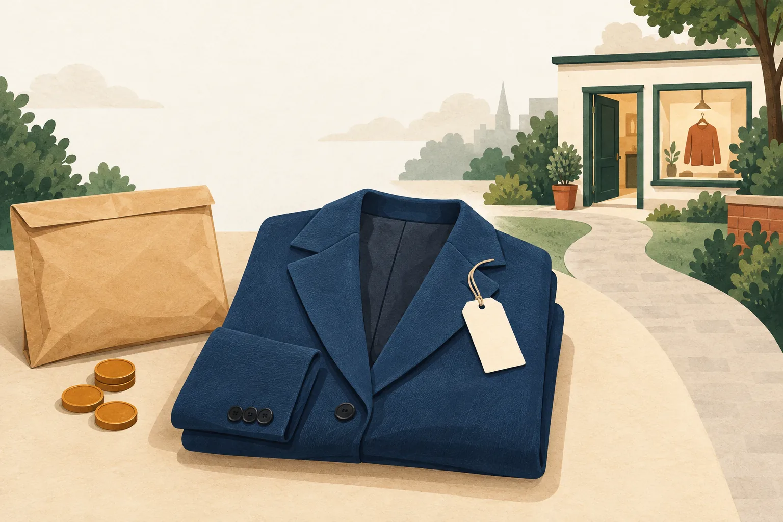 Zara return policy editorial illustration of a tagged jacket, a sealed mailer with coins and a path to an unmarked shop