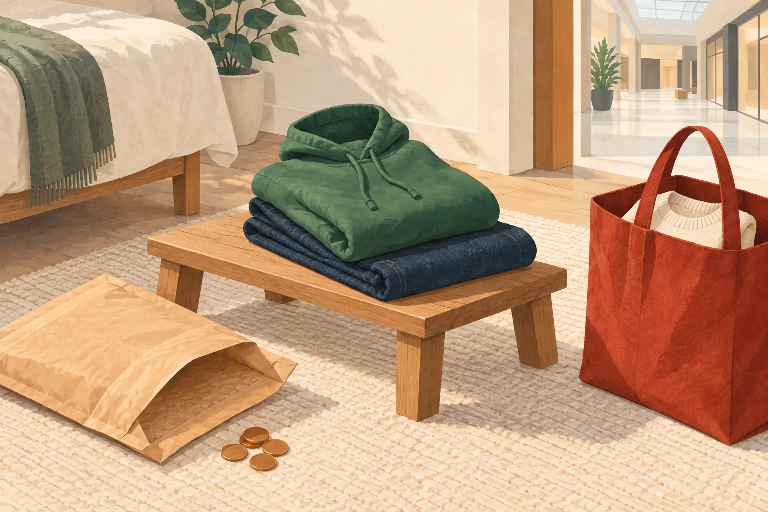 Abercrombie return policy illustration: a folded green hoodie and jeans on a bench, a padded mailer with coins, and a red tote near a mall corridor