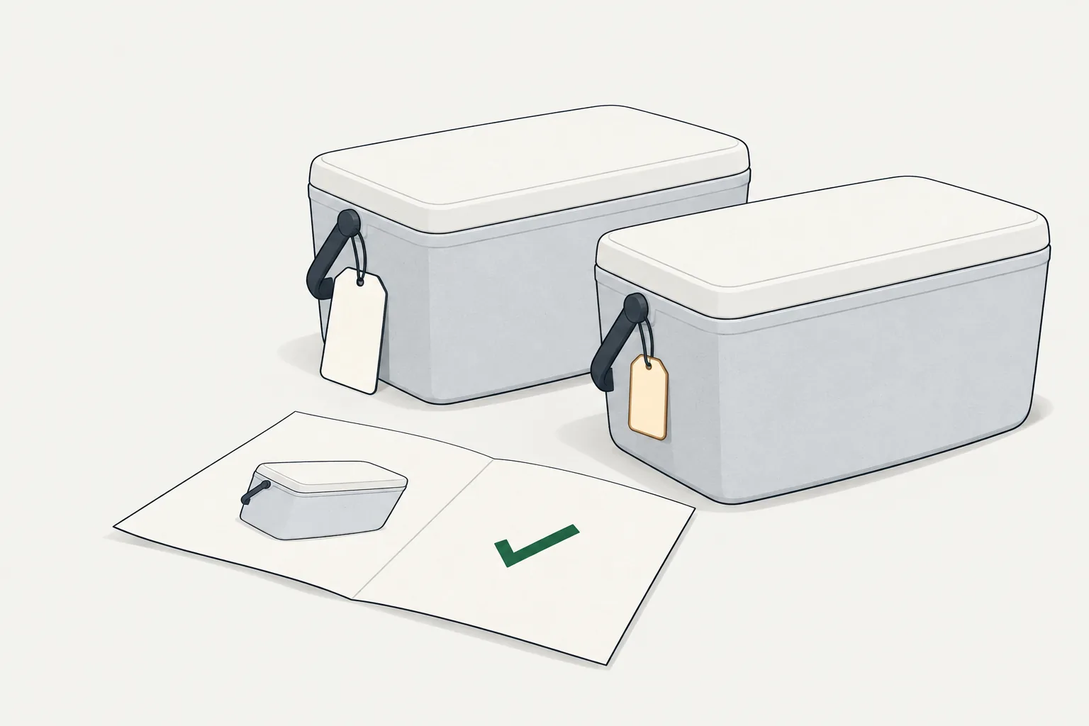 Illustration for academy price match policy: two matching coolers, blank tags and a wordless flyer with a green check.