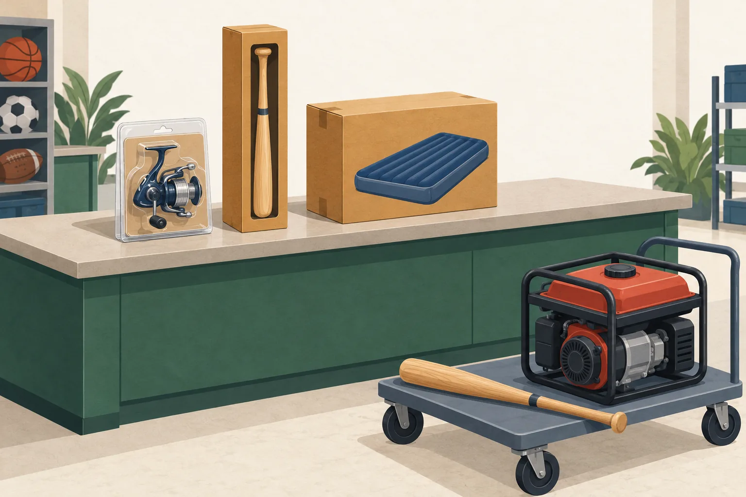 Academy return policy illustration: a packaged fishing reel, boxed bat and boxed air bed on a returns counter, with an unboxed bat and gas generator on a cart