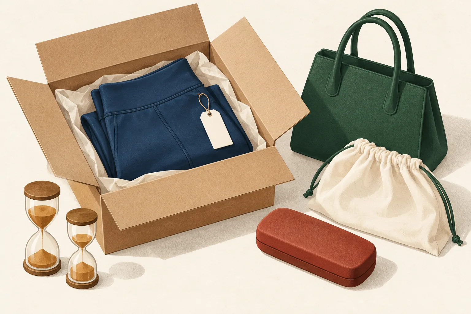 Alo return policy illustration of tagged folded leggings in an open mailing box beside a green handbag, its dust bag, a sunglasses case and two hourglasses