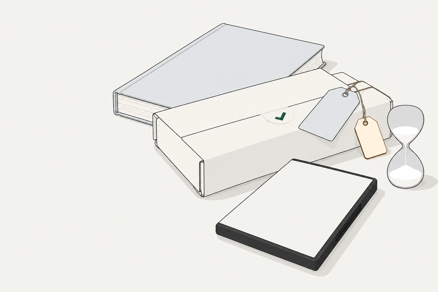 An amazon price match policy illustration with a sealed mailer, book, media case, blank tags and an hourglass.