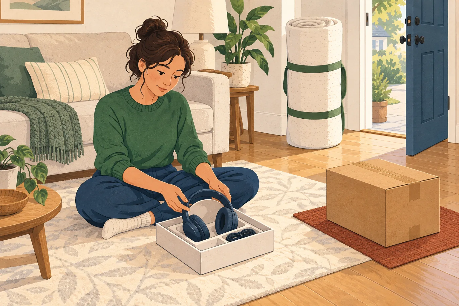 Editorial illustration for the return policy in Amazon: a shopper fitting headphones into their product box beside a taped parcel, with a rolled mattress by the open front door