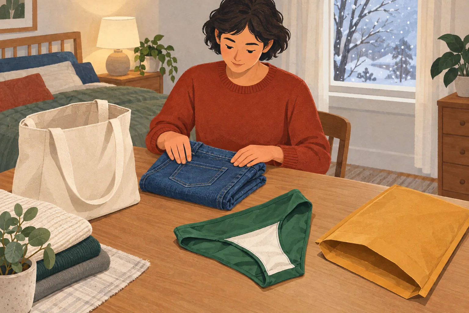 Illustration for return policy American Eagle guidance: a shopper folds jeans beside lined green swimwear, a plain tote and a blank mailer.