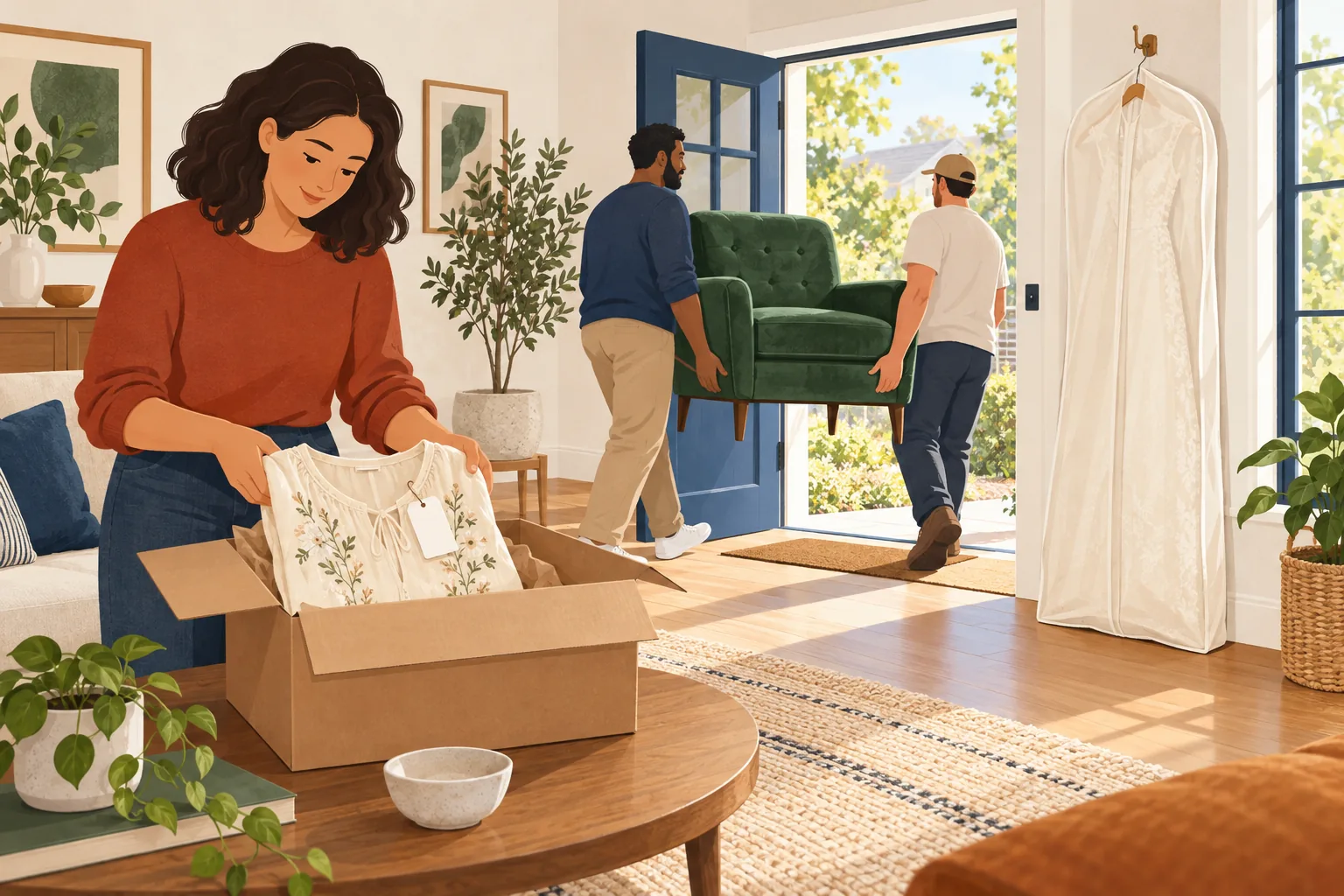 Anthropologie return policy illustration: a shopper packs an embroidered blouse, two movers carry a green armchair out the door and a wedding gown hangs in a garment bag