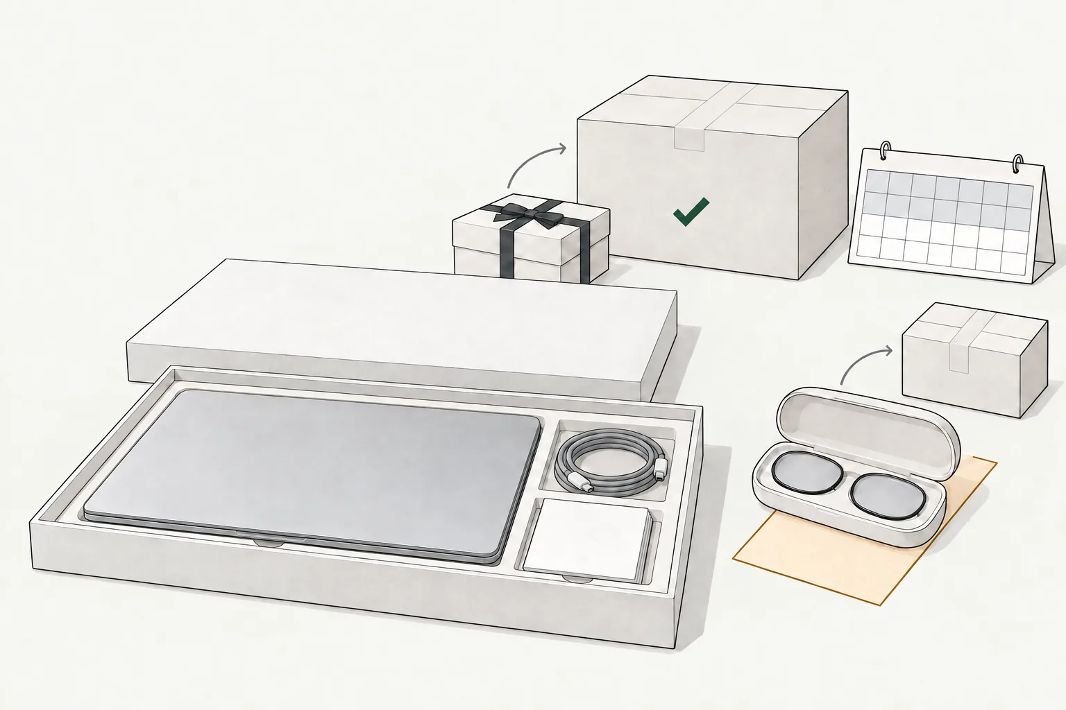 Illustration for the apple return policy: packed electronics, a gift, lens inserts and a two-week calendar.