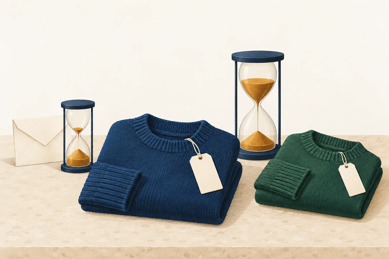 Editorial illustration for the return policy Aritzia publishes: two folded sweaters with blank hangtags, a plain envelope and two hourglasses.