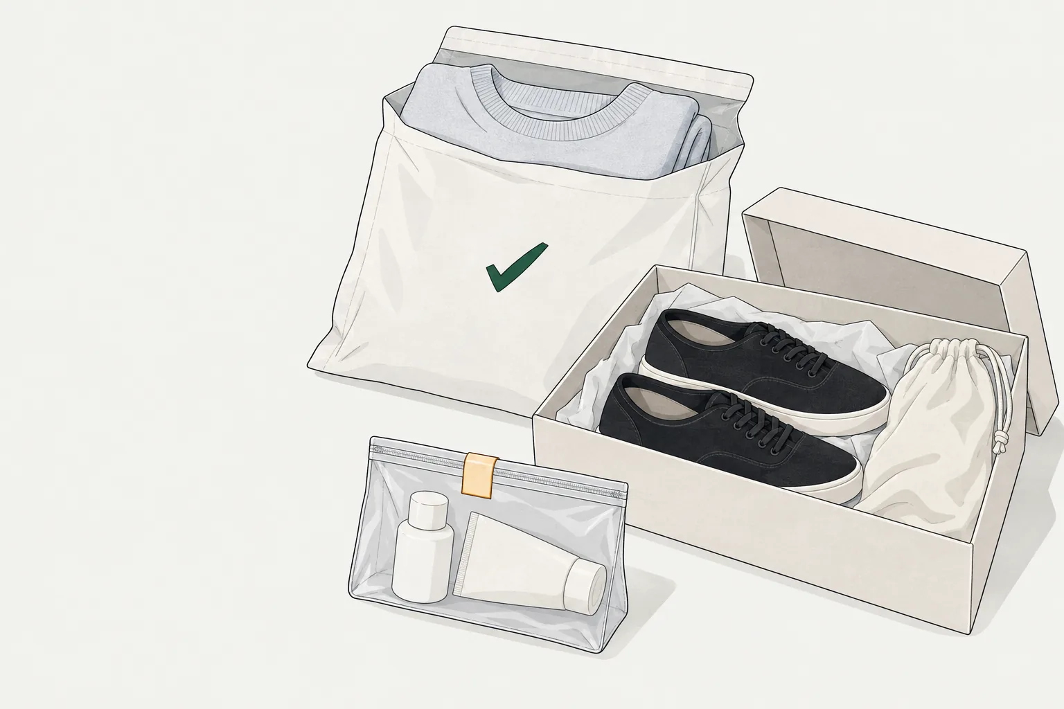 Illustration for asos return policy: folded clothing, shoes with a dust bag, and a sealed cosmetics pouch.