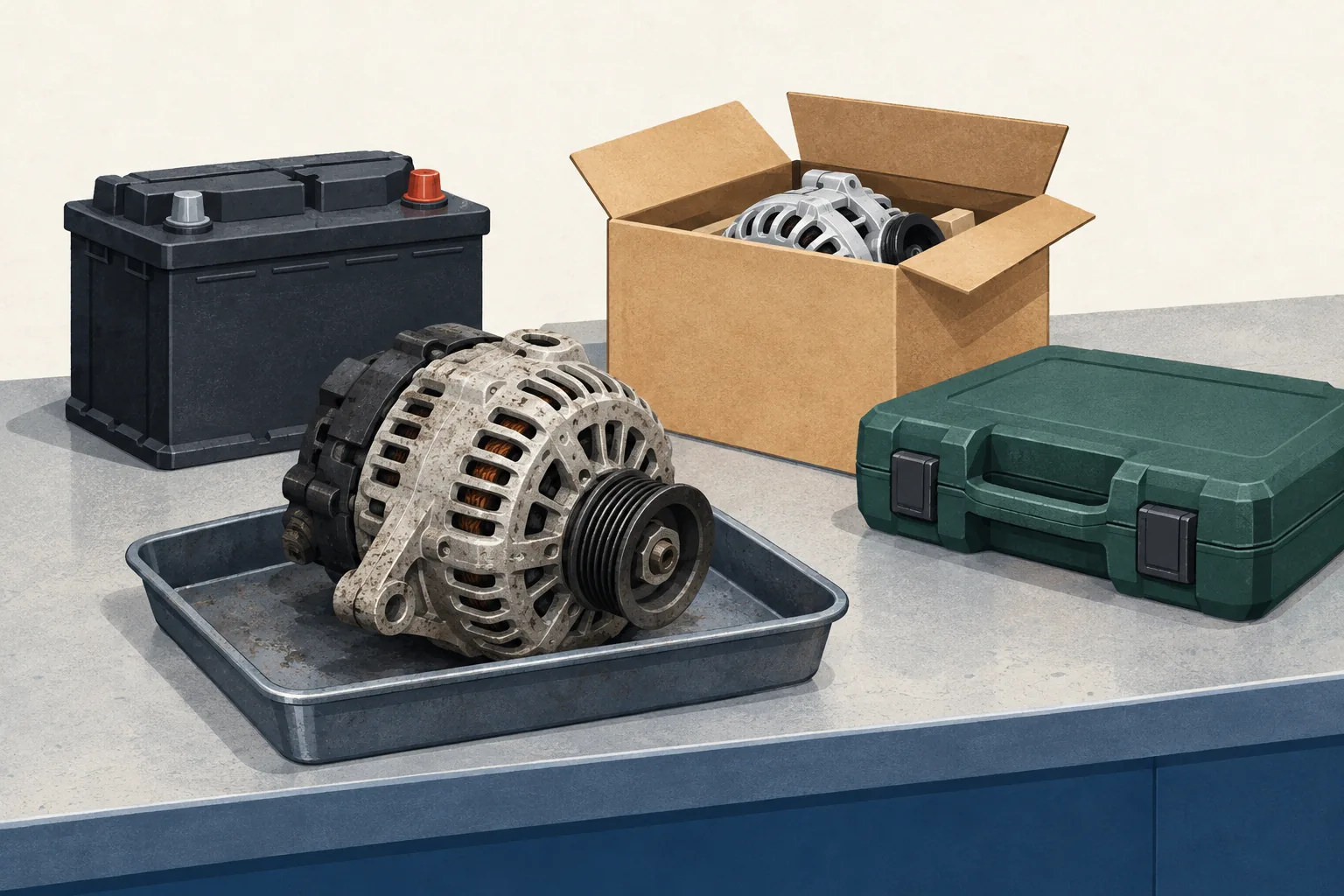 AutoZone return policy illustration of a parts counter with a worn alternator core in a drip tray, a car battery, a boxed replacement alternator and a loaner-tool case
