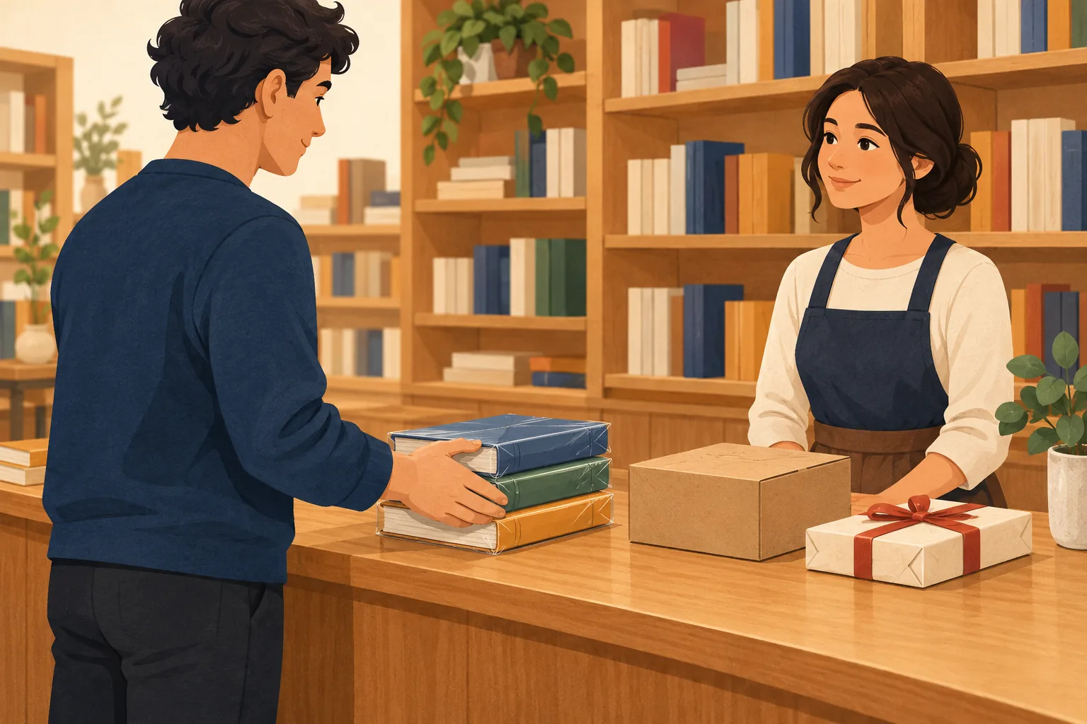 Barnes and Noble return policy illustration: a shopper hands shrink-wrapped books to a bookseller at a counter beside a plain box and a ribbon-tied gift.