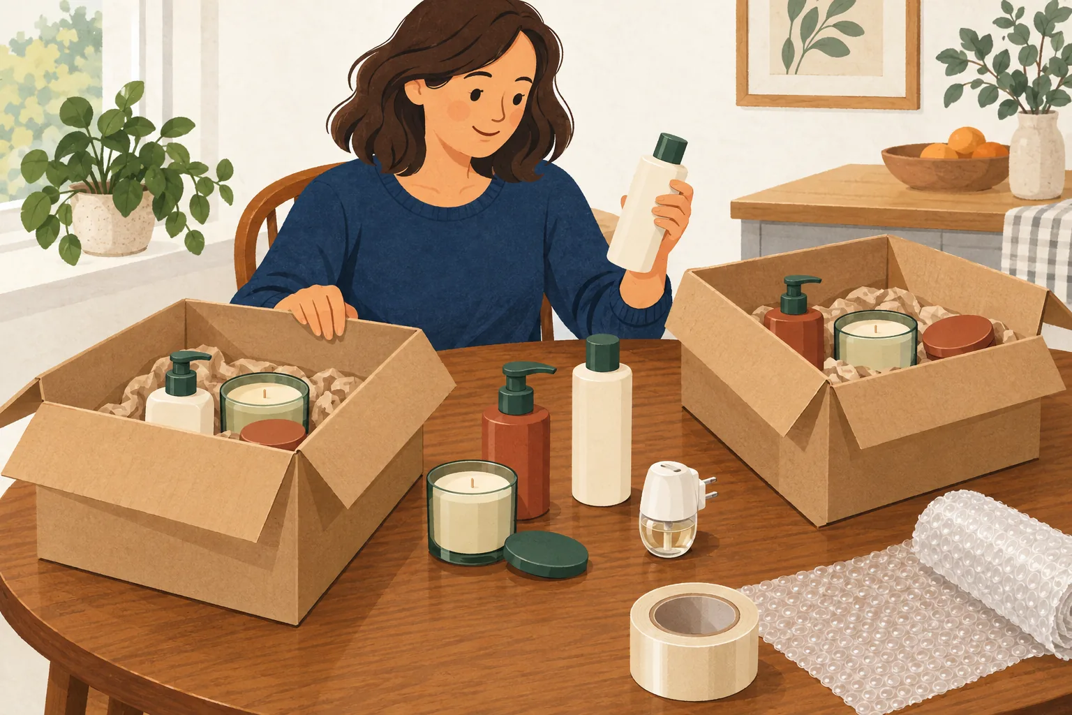 A bath and body return policy illustration of a shopper sorting unbranded candles, lotion and soap into two separate boxes, with a plug-in air freshener, tape and bubble wrap on the table.