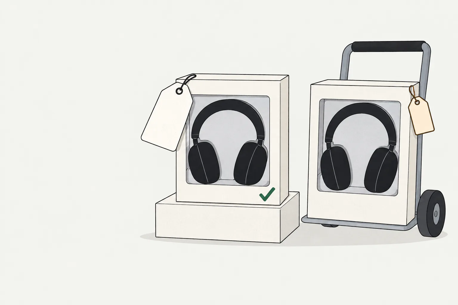 Illustration for price match policy best buy: matching boxed headphones, blank tags, a delivery trolley and a green check.