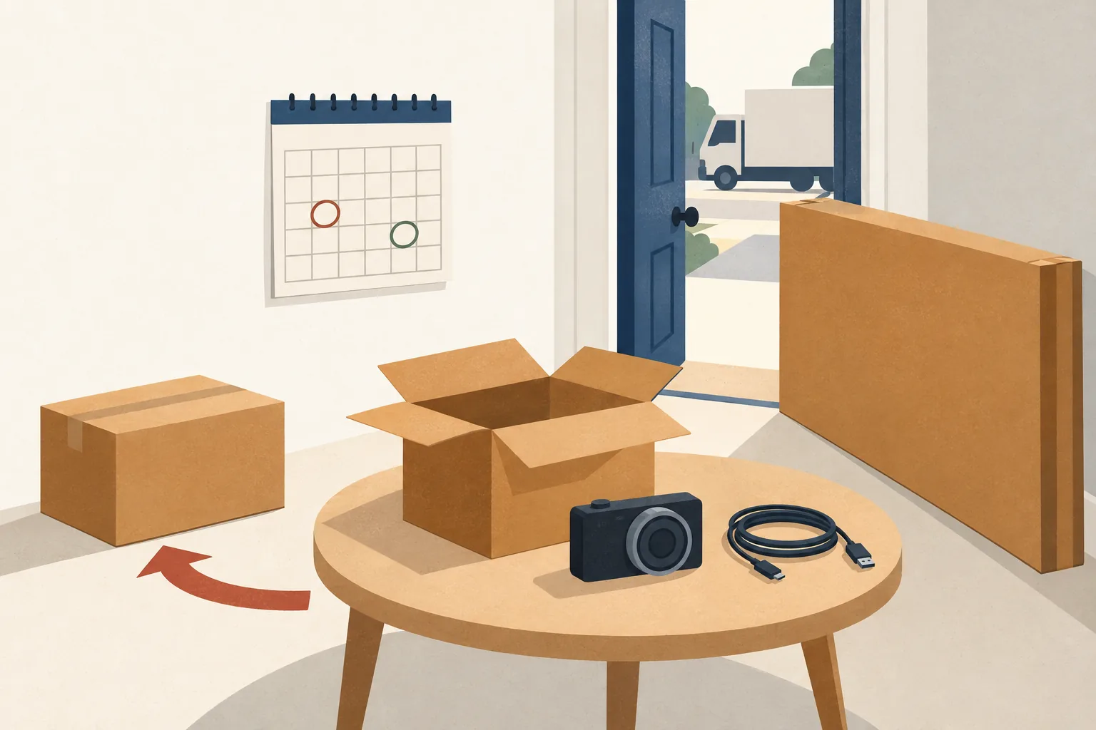 Best Buy return policy illustration: a camera, charging cable and open box on a table, with a parcel, large TV carton, blank calendar and delivery truck