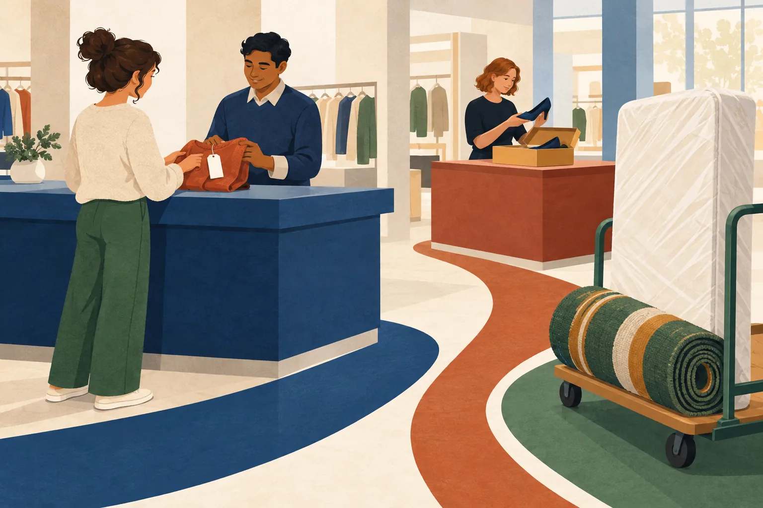 Bloomingdale's return policy illustration: a shopper returns a tagged sweater at a counter, designer shoes are checked at a separate boutique counter, and a rolled rug and wrapped mattress wait on a cart, each on its own colored path