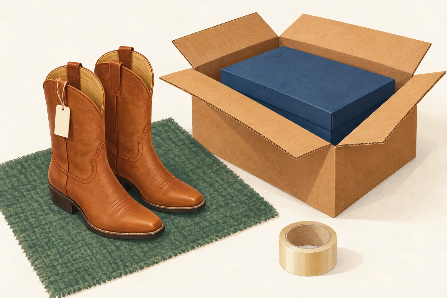 Boot Barn return policy illustration: tagged tan cowboy boots on a green rug beside an open shipping carton holding a blue boot box, with a roll of packing tape