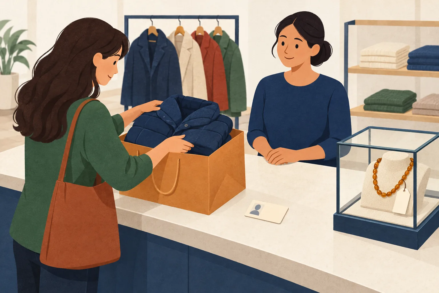 Burlington store return policy illustration of a shopper with a folded coat in a plain shopping bag, a blank photo-ID card and a separate tagged necklace in a glass case at a generic return counter