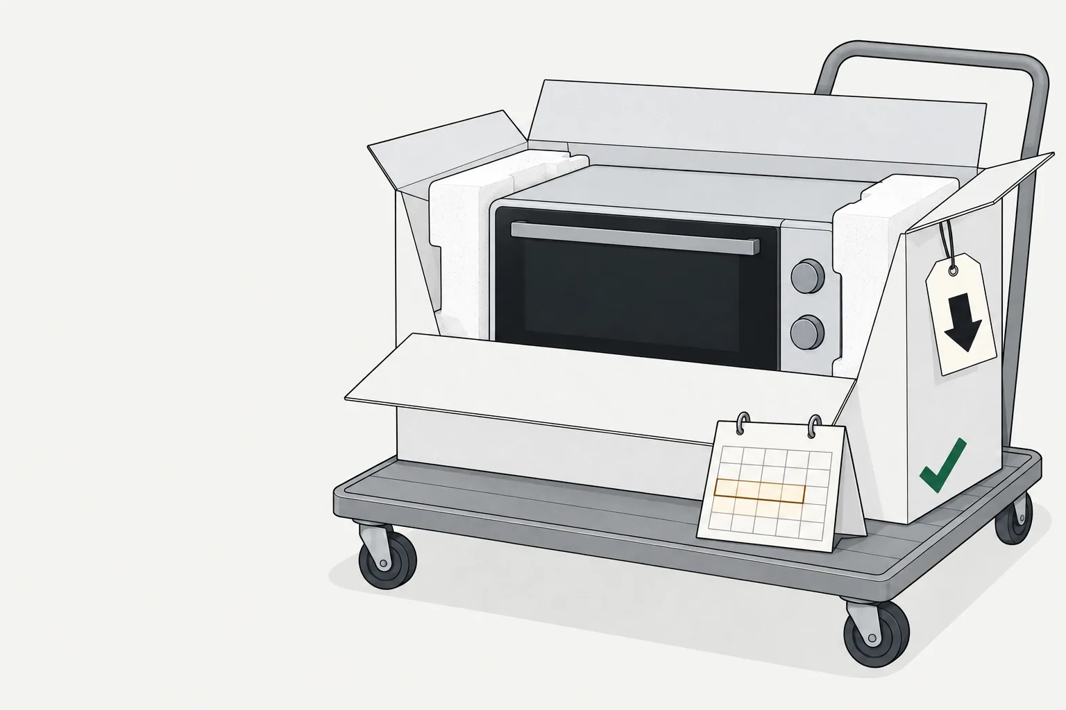 Illustration for price match policy costco: a boxed oven on a trolley, down arrow and amber-marked calendar.