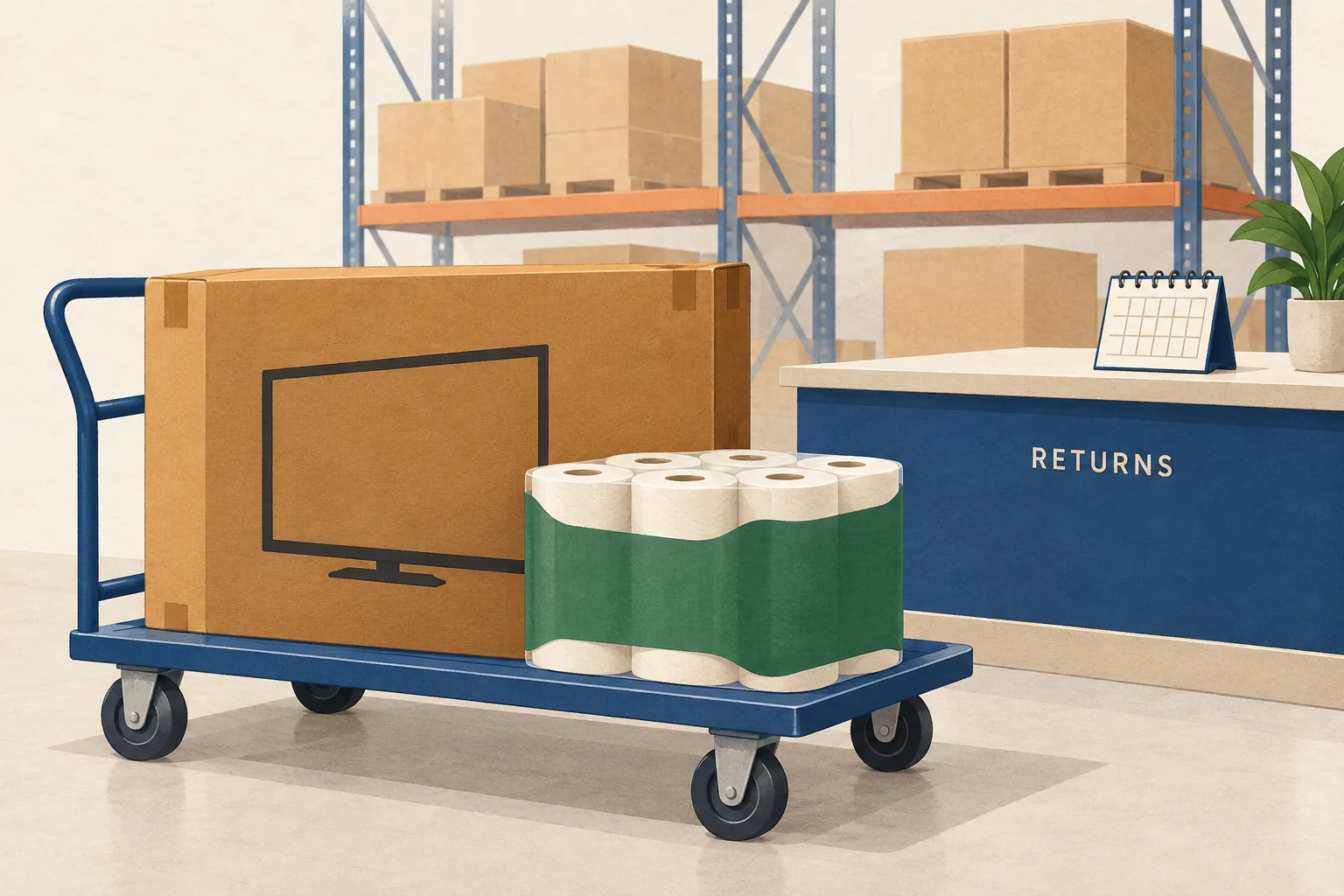 Illustration for the Costco return policy guide showing a flatbed cart with a TV carton and bulk paper towels beside an unbranded warehouse returns counter and calendar.