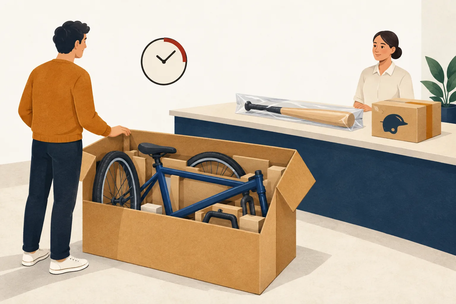 Dick's return policy illustration of a shopper beside an open carton holding an unassembled bicycle, under a wall clock, with a wrapped bat and sealed helmet box on an unbranded returns counter