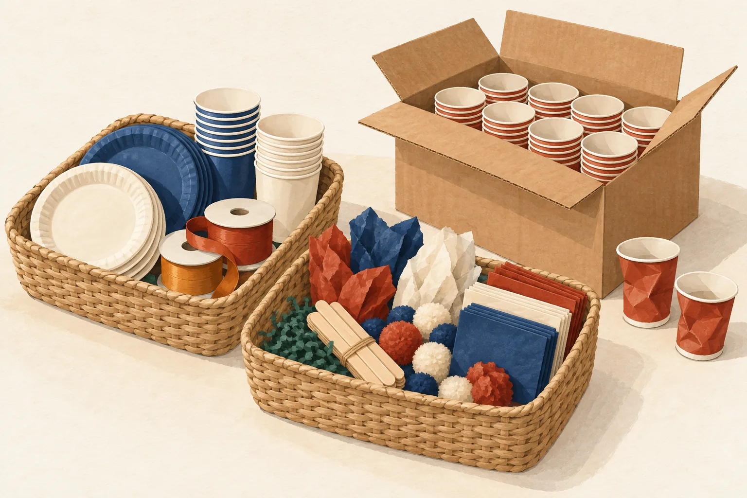Dollar Tree return policy illustration of party and craft supplies sorted into two woven baskets beside an open bulk case of paper cups and two crushed cups