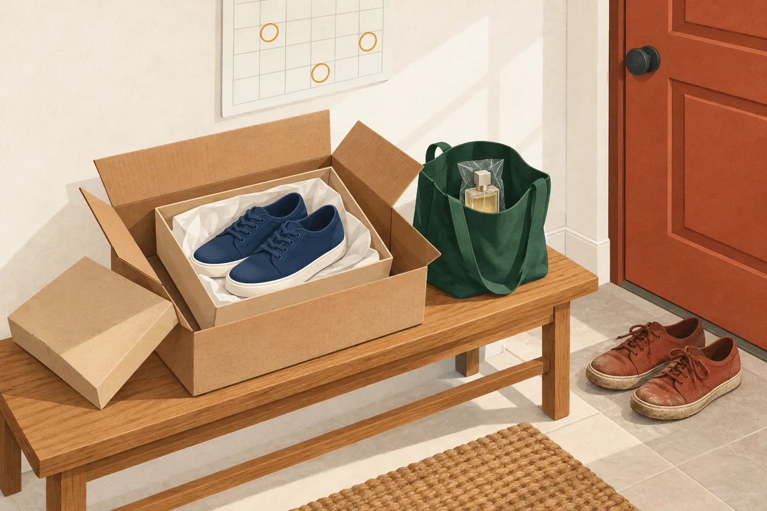DSW return policy editorial illustration of shoes being repacked, sealed fragrance set aside, and worn shoes by a door