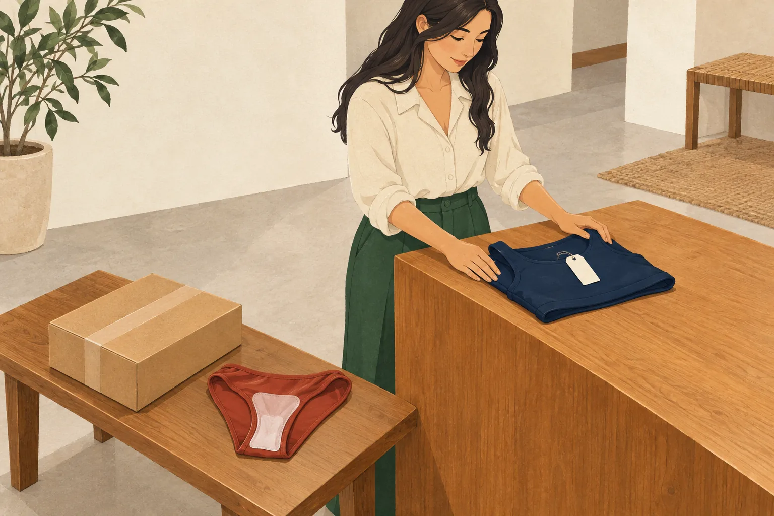 Edikted return policy illustration of a woman placing a folded, tagged top on a counter, with a taped shipping box and swimwear with its hygiene liner on a bench beside her