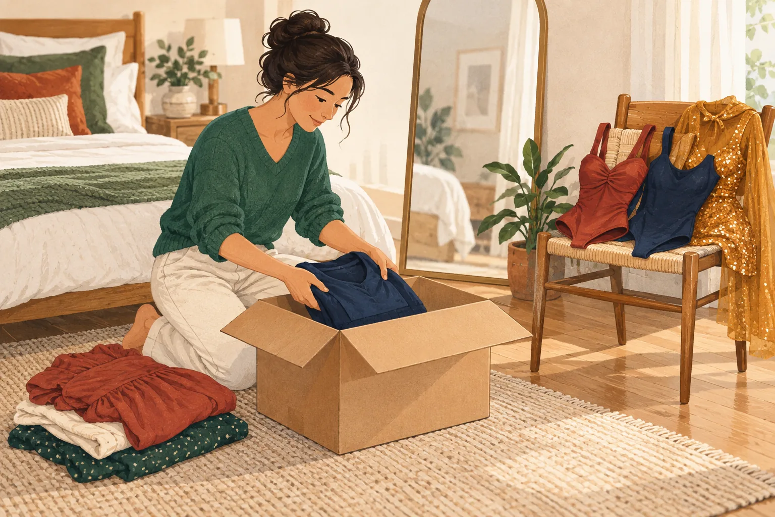 Fashion Nova return policy illustration: a shopper packs folded clothes into a cardboard box beside a mirror, with swimsuits and a sequined party dress set aside on a chair