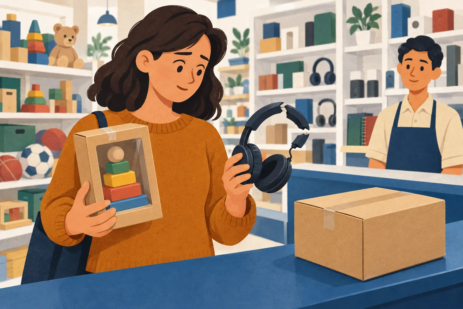 Five Below return policy illustration: a shopper at a store counter holds a boxed toy and broken headphones beside a taped parcel.