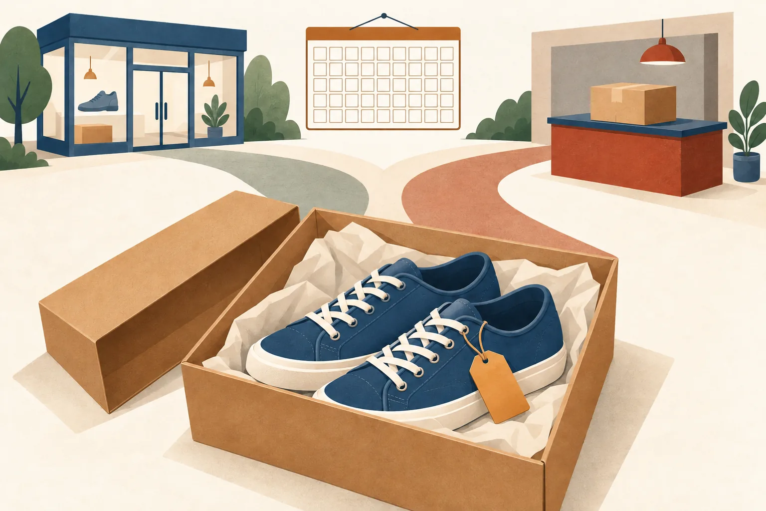 Foot Locker return policy illustration of a tagged pair of sneakers in an open box, with paths to a generic store and a package drop-off counter