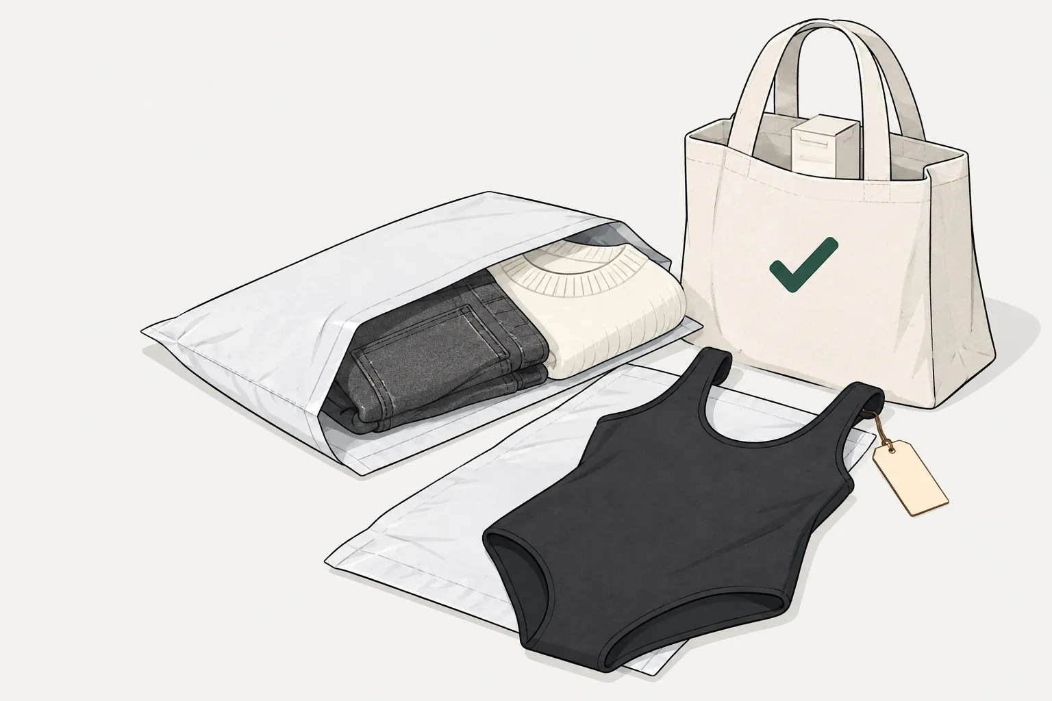 Illustration for the gap return policy: clothes and tagged swimwear on mailers, with an unopened beauty box in a tote.