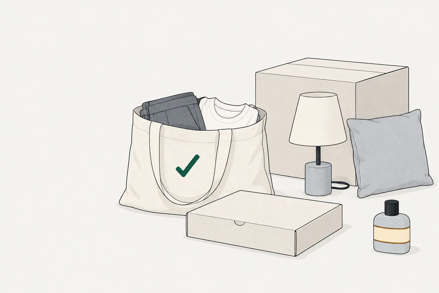 Illustration for return policy h&m: clothes in a tote, return boxes, a lamp, cushion and amber-banded perfume bottle.