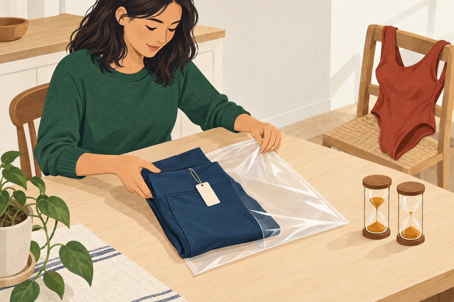 Halara return policy editorial illustration of tagged leggings being packed beside two hourglasses and a swimsuit set aside