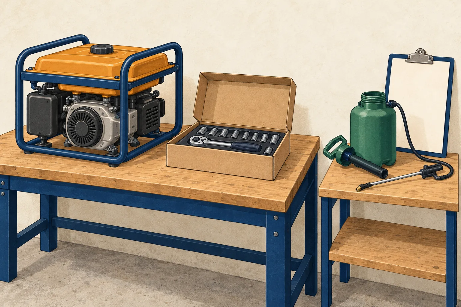 Harbor Freight return policy illustration of a portable generator and a boxed socket set on a garage workbench, with an opened pump sprayer and blank clipboard on a separate side table