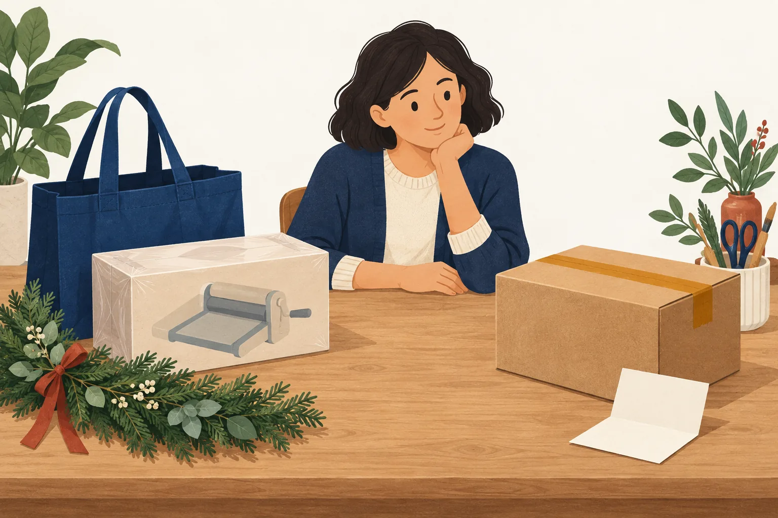 Hobby Lobby return policy illustration: a crafter at a worktable with a sealed die-cutting machine box, holiday garland and navy tote beside a taped mailing carton and blank folded card
