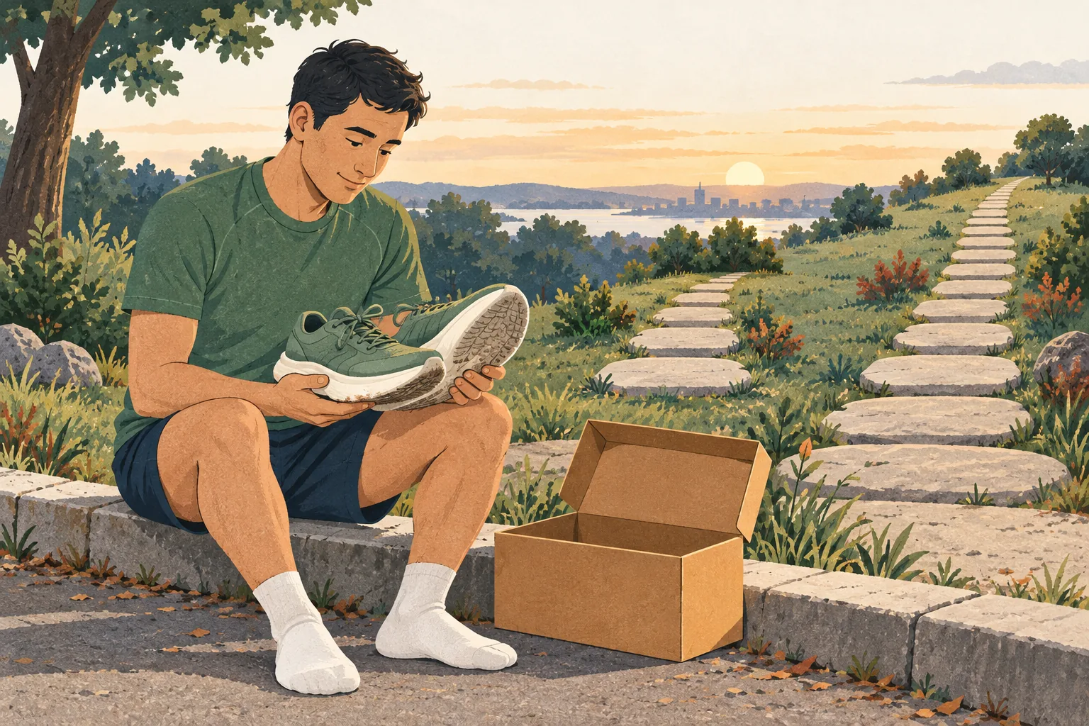 Hokas return policy illustration: a runner sitting on a curb holding dusty cushioned running shoes beside an open shoe box, with a short and a longer stepping-stone path behind.