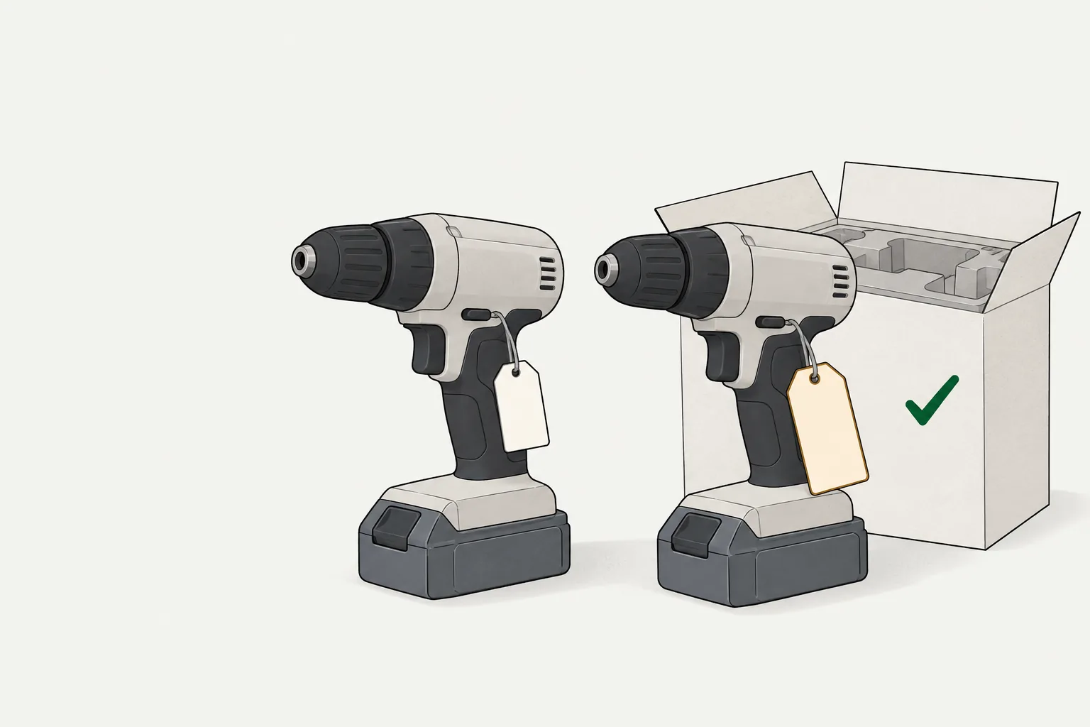Matching drills with blank tags and an open carton illustrate the price match policy Home Depot offers.