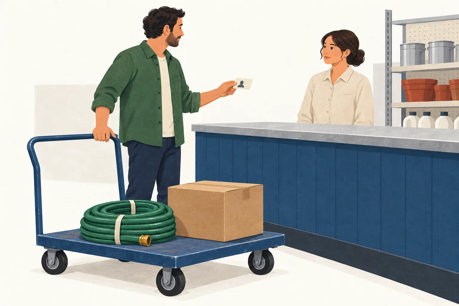 Home Depot return policy illustration showing a shopper presenting ID at a generic counter beside a cart with a box and garden hose.