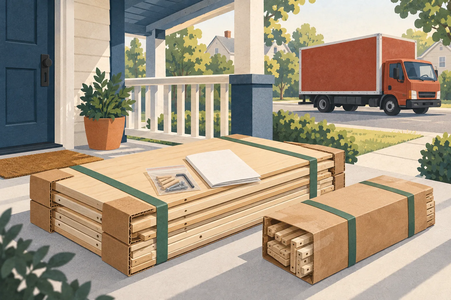 Editorial illustration for the IKEA return policy guide: disassembled flat-pack furniture strapped and packed on a covered porch, with a hardware bag and blank booklet on top and a box truck at the curb