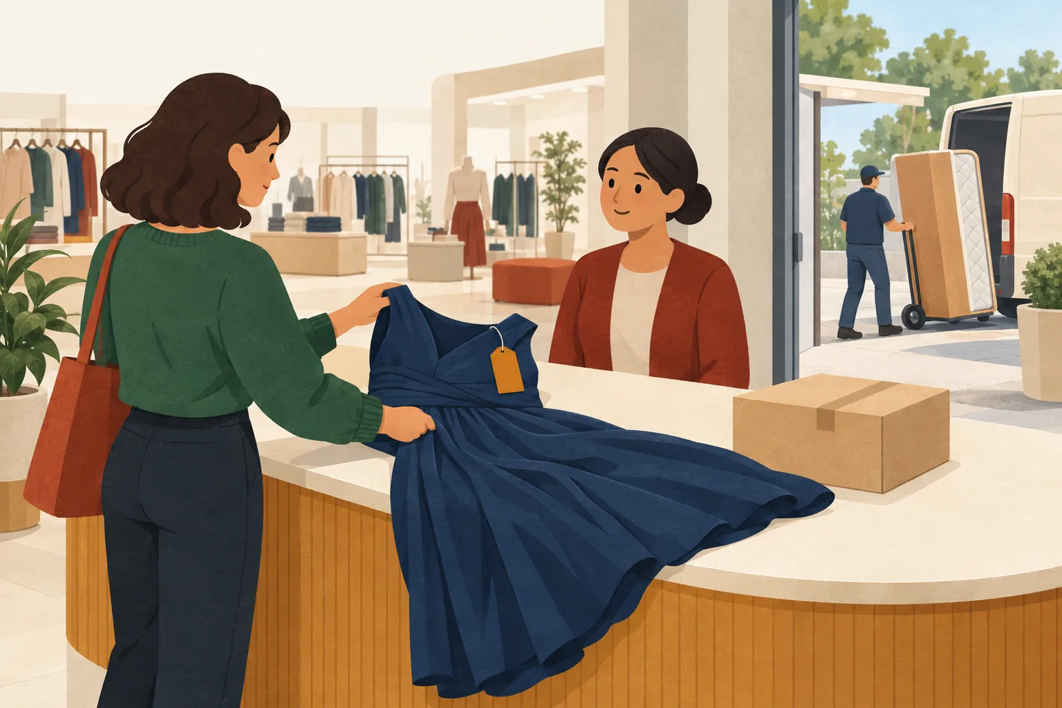 JCPenney return policy illustration: a shopper lays a tagged formal dress on a department-store returns counter beside a parcel, while a worker wheels a boxed mattress to a van outside