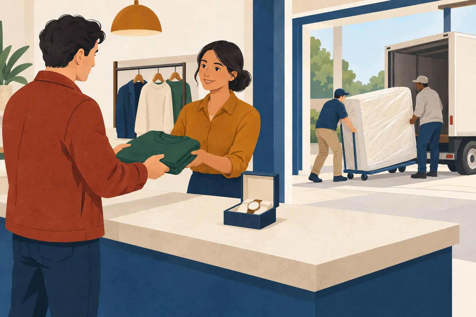 Kohl's return policies illustration showing a shopper handing a folded sweater to an associate beside a boxed watch, while a delivery crew wheels a wrapped mattress toward an unmarked truck