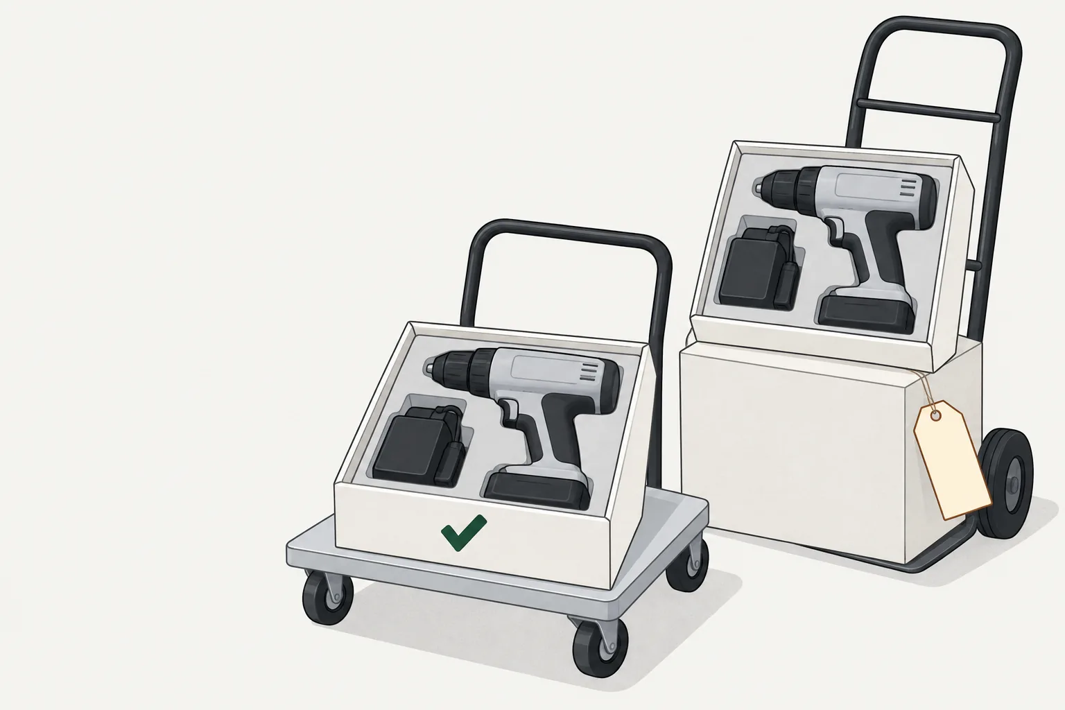 Illustration for lowes price match policy: identical drill kits on a cart and delivery dolly, with a blank amber tag.