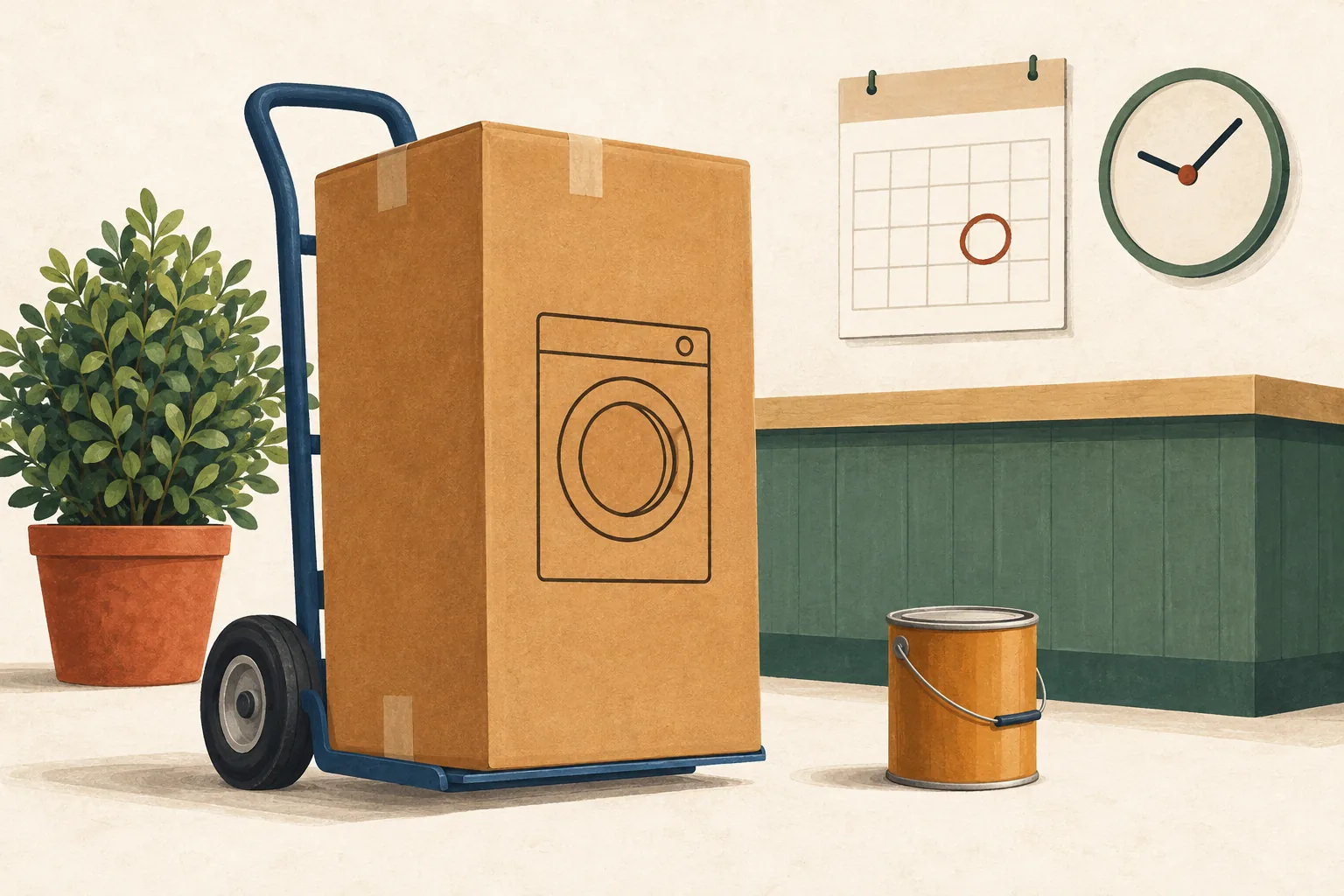 Lowe's return policy illustration of a boxed appliance on a dolly, potted shrub and paint tin beside a counter, with a calendar and clock