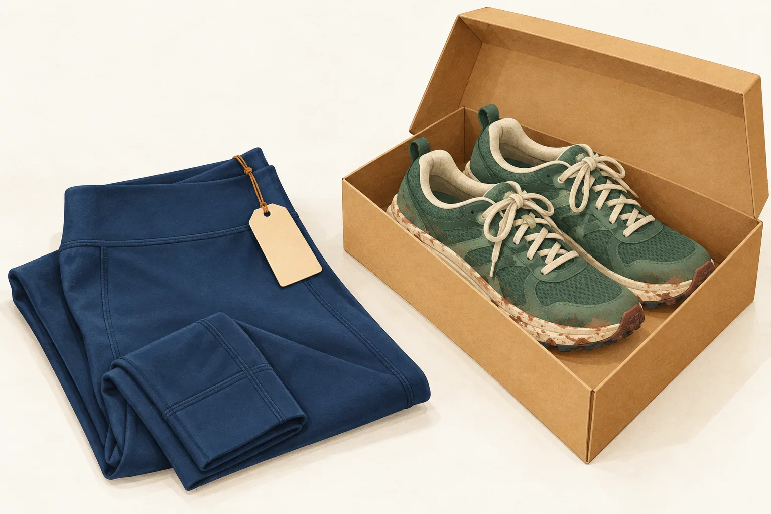 Illustration of the return policy at Lululemon: folded navy leggings with a blank hangtag attached, beside scuffed green running shoes in an open plain shoebox