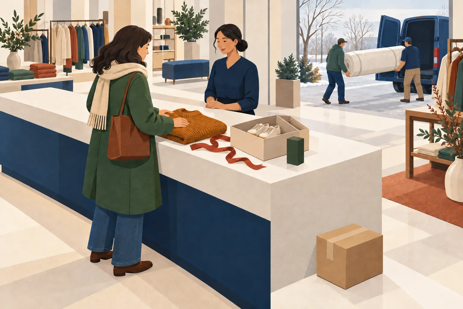 Macy's return policy illustration of a shopper returning a sweater, shoes and a fragrance box at a store counter, with a taped parcel nearby and a crew loading a rolled mattress into a van