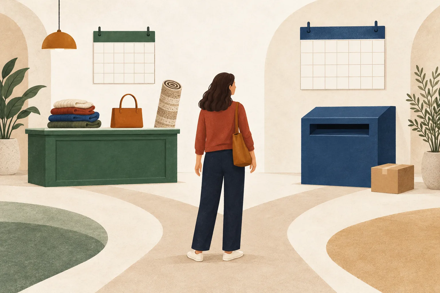 Marshalls return policy editorial illustration of a shopper choosing a store counter or parcel drop-off, with two calendars