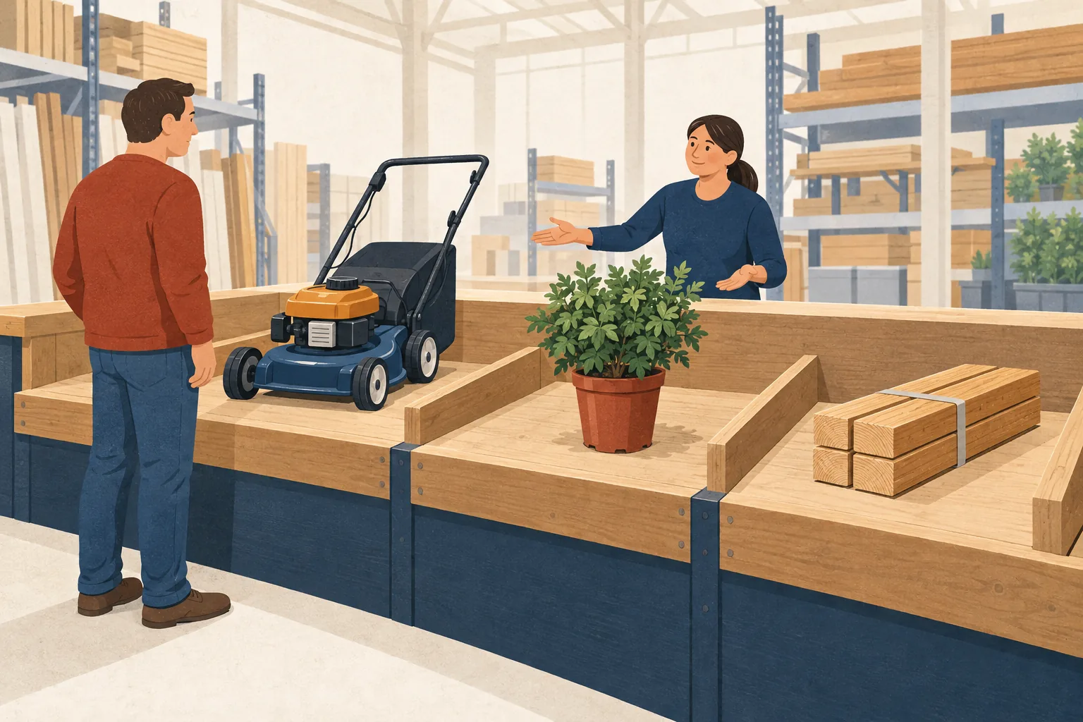 Editorial illustration of the return policy for Menards: a shopper and staff member at a return counter with a mower, potted shrub and cut boards in separate bays.