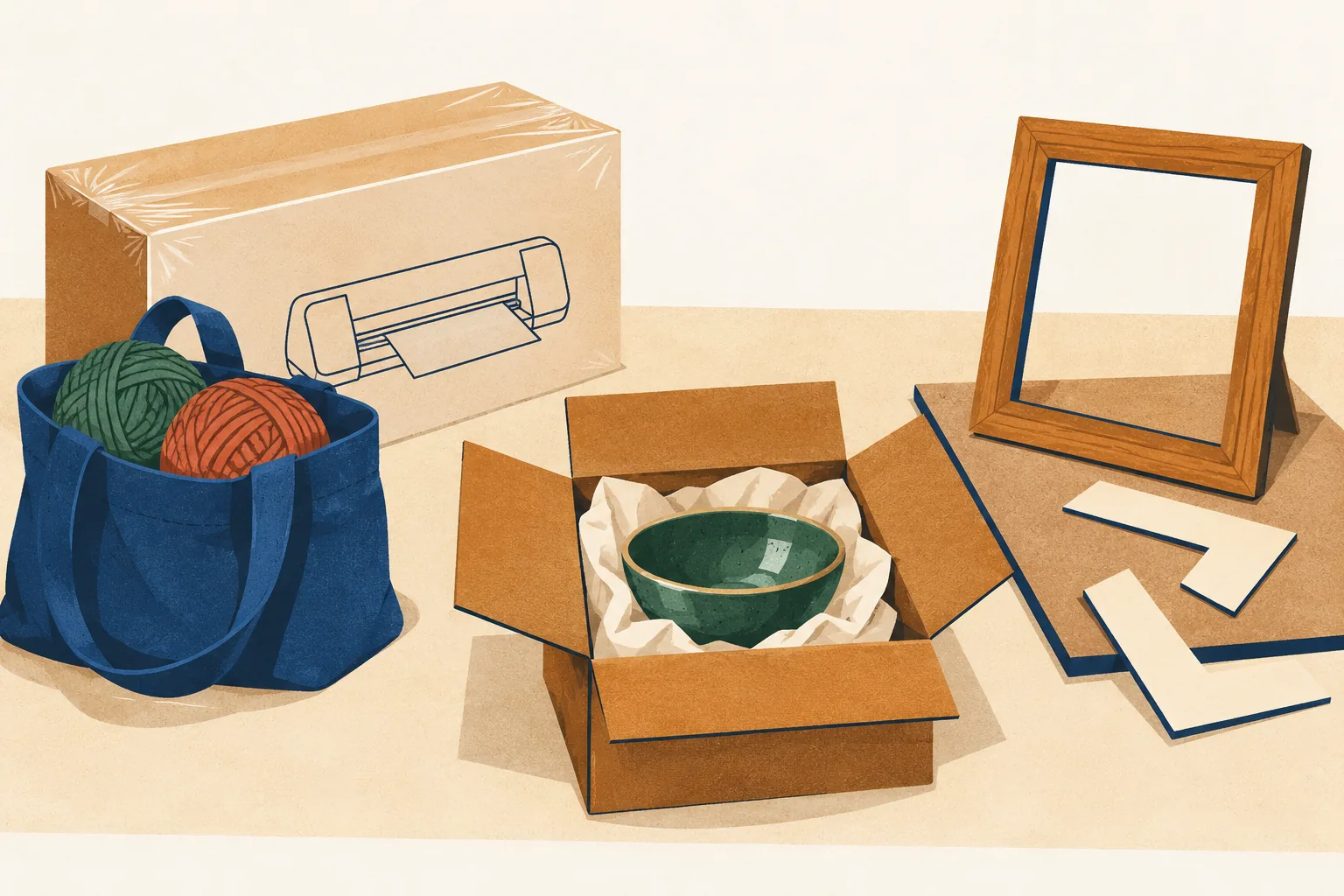 Michaels return policy illustration: a sealed cutting-machine box and a navy tote of yarn, a handmade ceramic bowl packed in an open carton, and an empty frame with mat-board corners