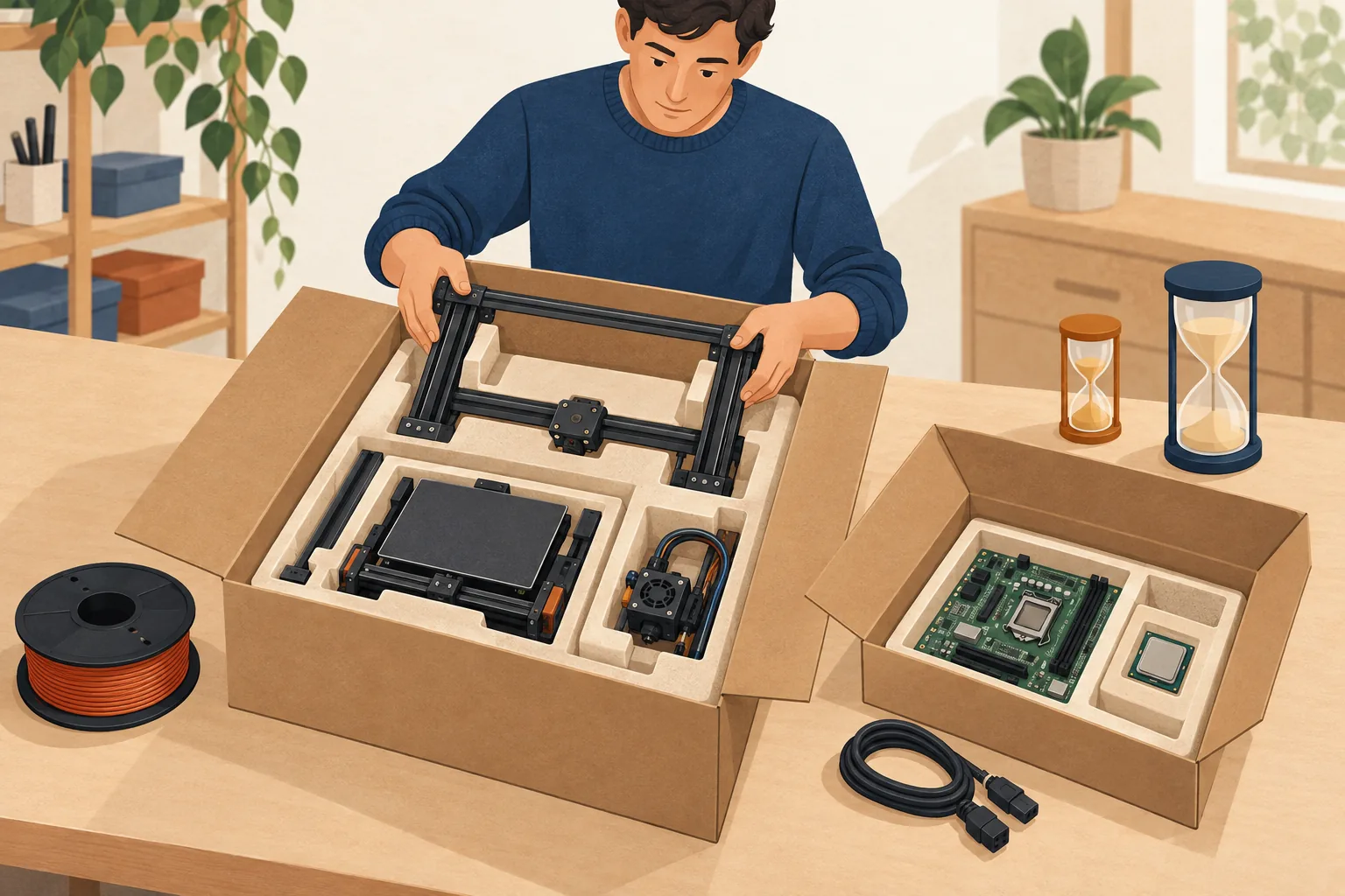 Micro Center return policy editorial illustration of a shopper repacking a disassembled 3D printer and PC parts in plain boxes beside two hourglasses