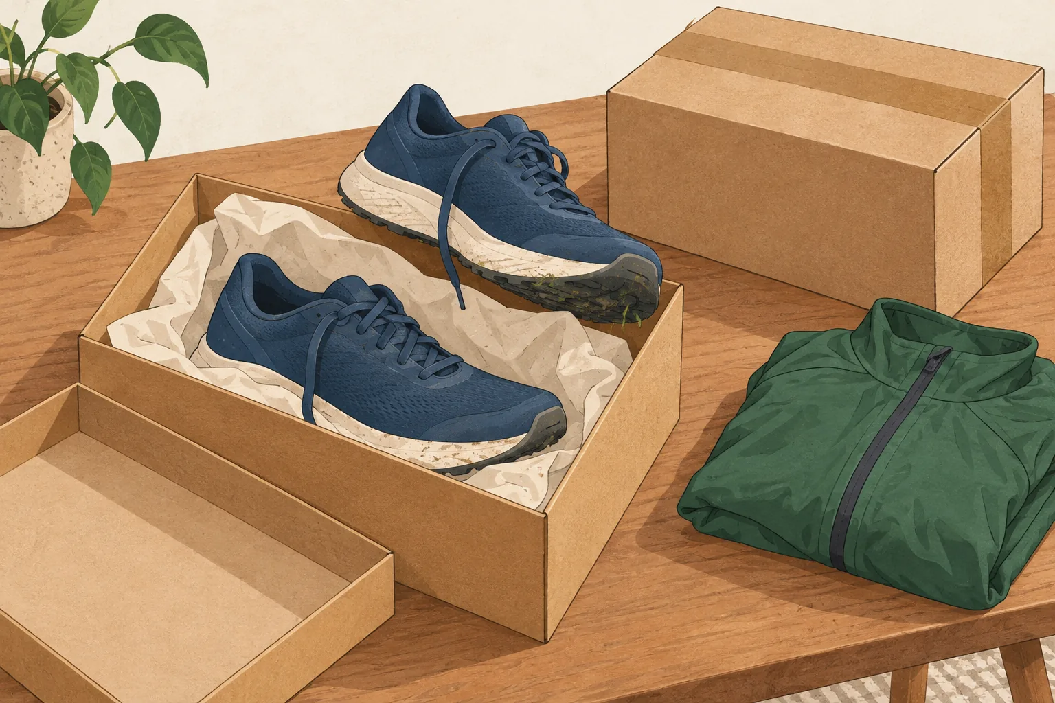 Illustration for the return policy for Nike: dusty navy running shoes partly packed in an unmarked shoebox beside a taped package and a folded green running jacket.