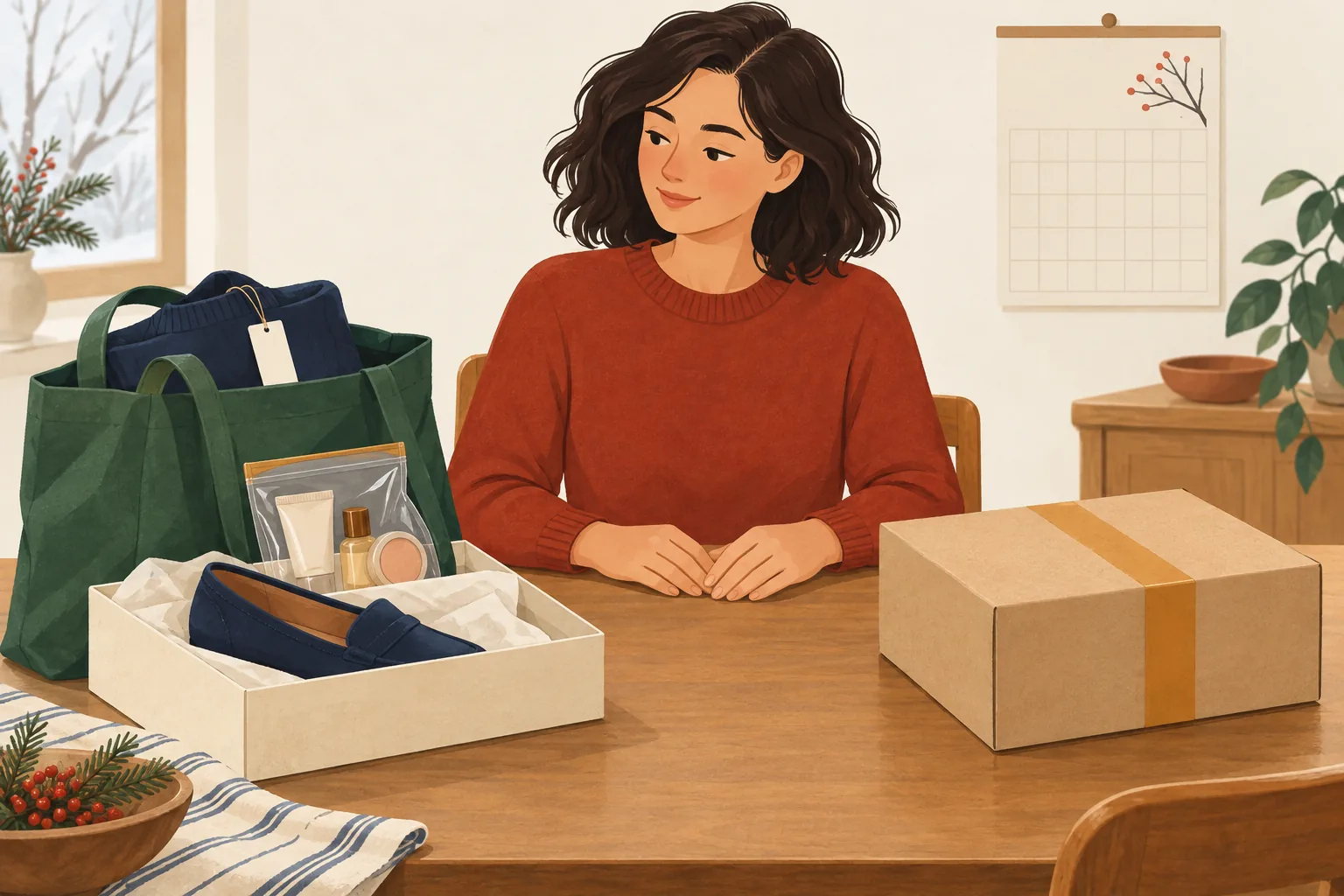 Nordstrom Rack return policy illustration of a shopper at a table with a tote holding a tagged sweater, sealed makeup, a loafer in a shoebox and a taped parcel.
